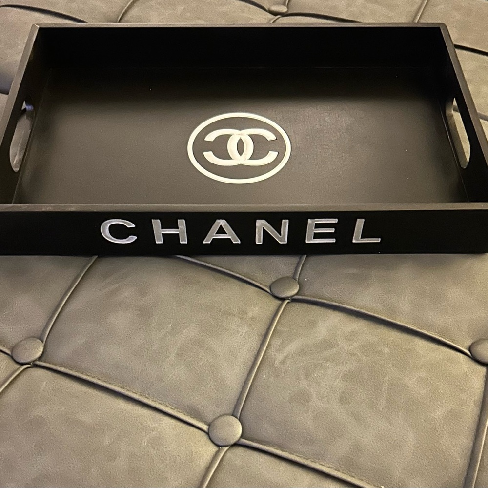 Damaged****CHANEL Black and Silver Logo Tray